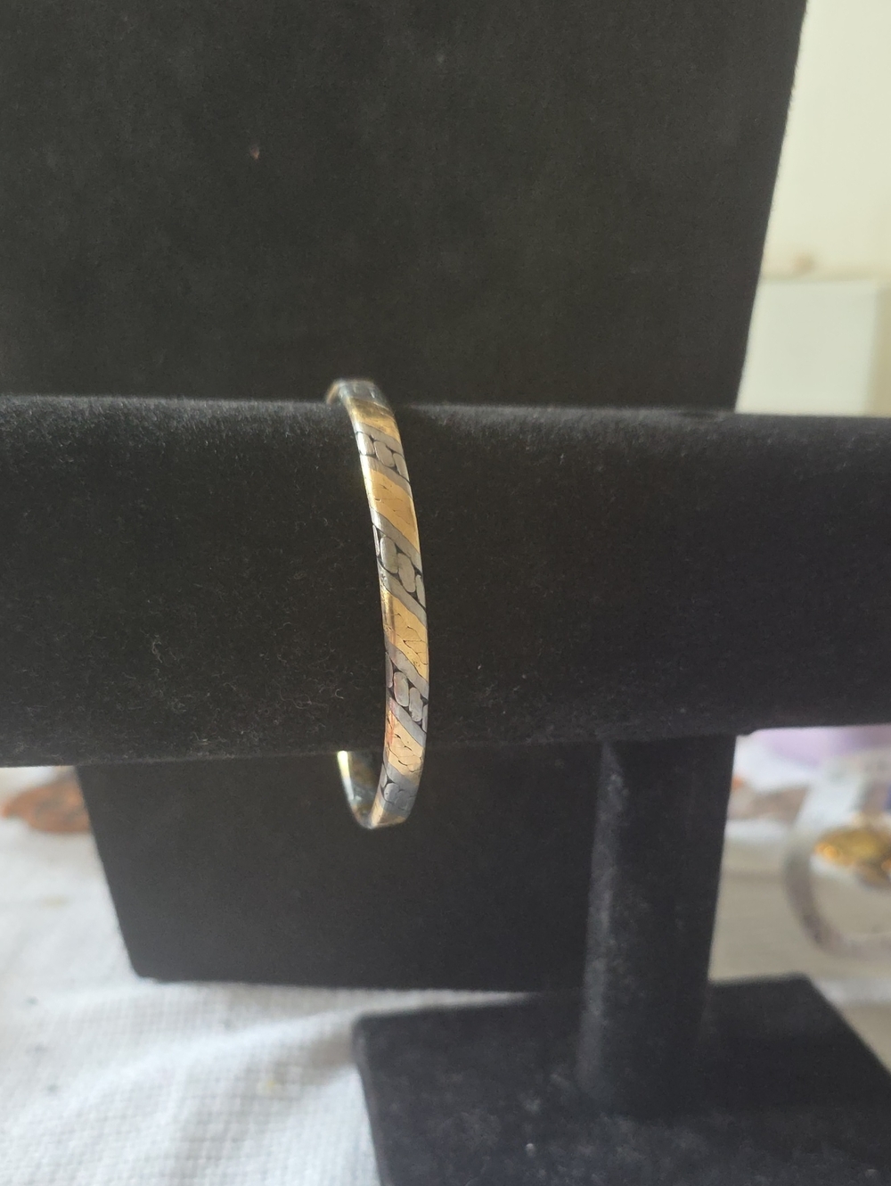 Vintage Mixed Metal Two Tone Open Cuff Bracelet Diagonal Ribbed Gold Silver Bang
